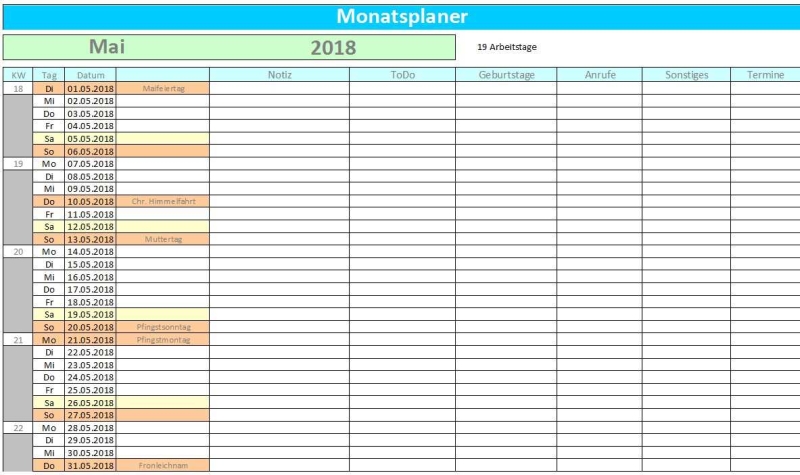 MS Excel Monatsplaner